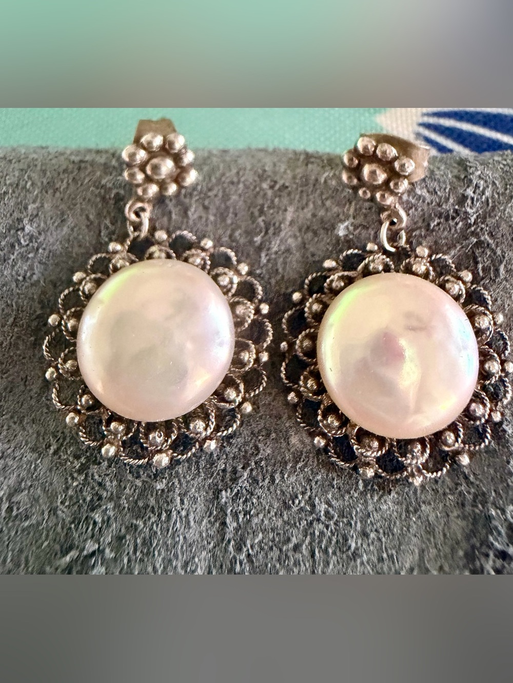 Vintage 1960’s 925 Silver & Pearl Drop Sunburst Earrings